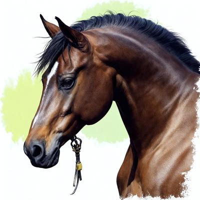 The primary subject of the image is a brown horse with a white stripe on its face. The horse is standing in front of a green background, which adds a natural and vibrant touch to the scene. The visual style of the image is a combination of photo and digital art, creating a realistic yet artistic representation of the horse. The colors and mood of the image are warm and inviting, with the brown horse and green background creating a sense of harmony and connection with nature.